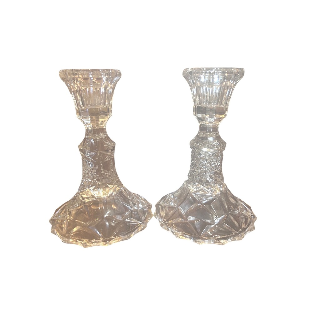 Unbranded Glass Candlestick Holders Set 2 Clear Excellent Starburst Diamond 6in